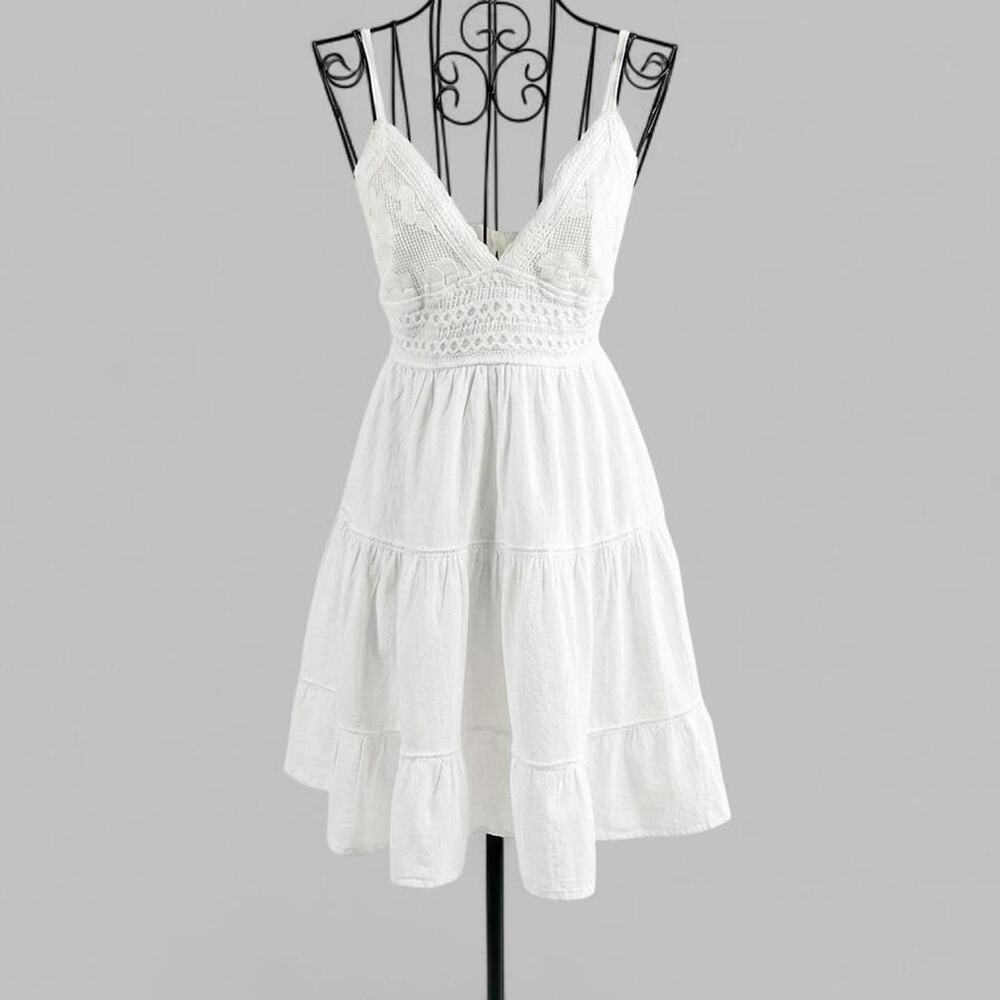 Blanco by Nature NWT White 100% Cotton Tiered Mini Dress Crochet Lace Size S